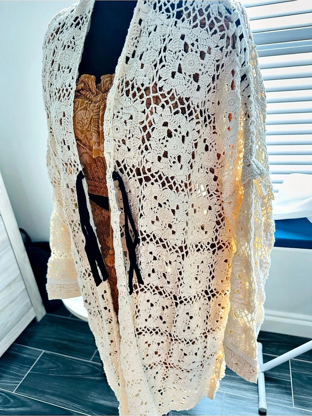 Free People Crochet Open Front Cardigan in Cream